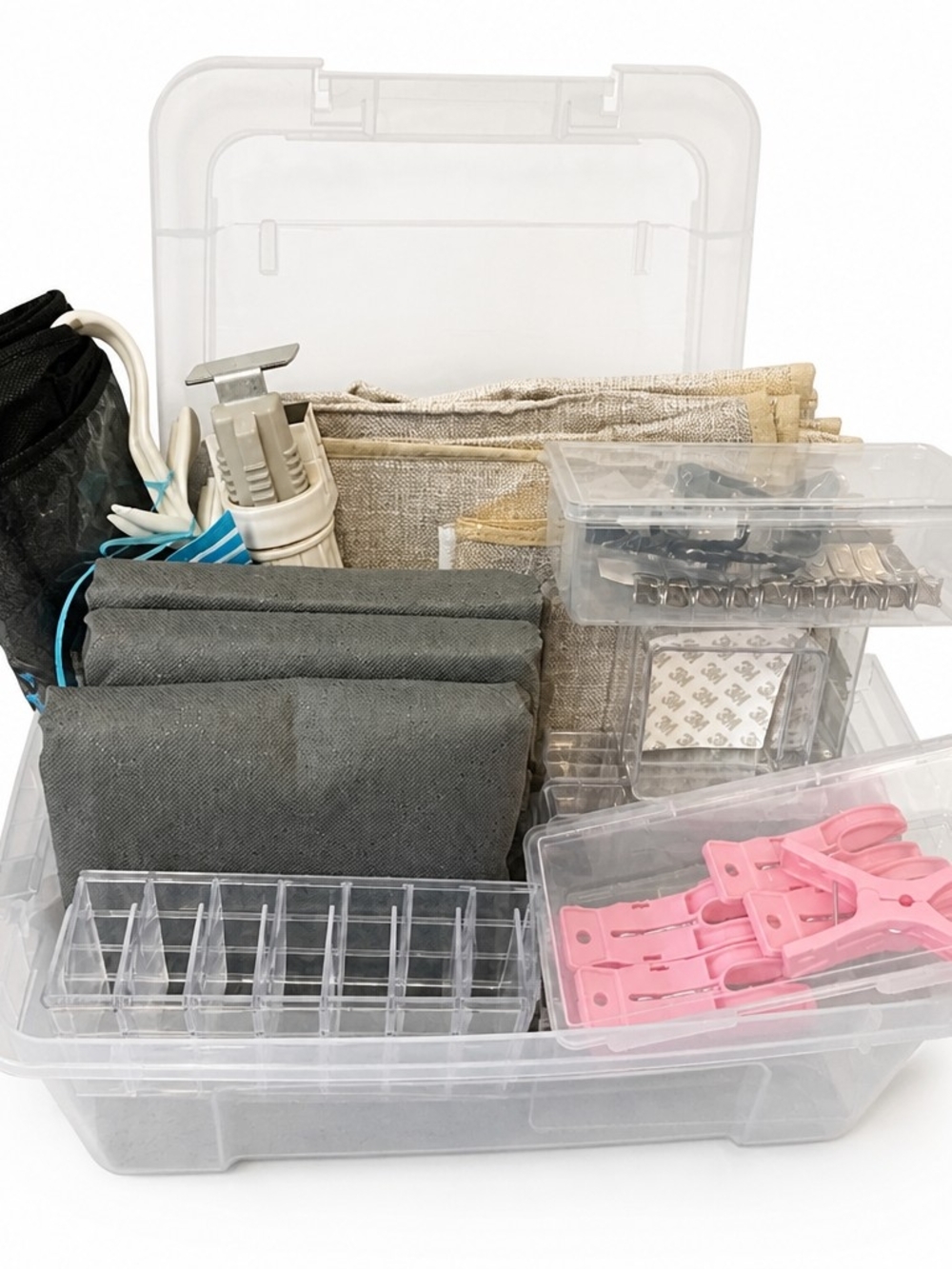 Clear Plastic Storage Organizer Bin Full Of Organizing Products.